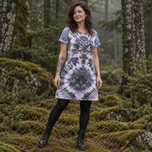 Tie-Dye-Kleid L – Violett, Blau, Grau & Weiß – Handgefertigt 100% Baumwolle