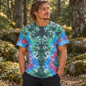 Handgefertigtes Tie-Dye-T-Shirt L | Mehrfarbig mit Grün, Blau, Lila und Rot | 100% Baumwolle