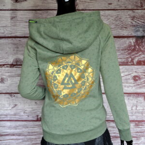 Upcycled Groen Dames Vest – Trinity Mandala Gouden Opdruk | Maat S | Spirituele Streetwear