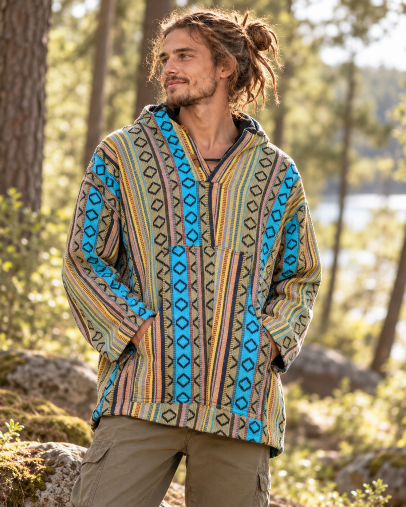 Unisex Katoenen Hoodie Ikat Stijl – Blauw/Beige/Geel – One Size