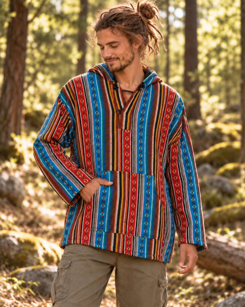 Unisex Katoenen Trui Ikat Stijl – Blauw/Bruin/Rood – One Size