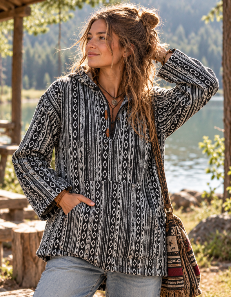 Unisex Geweven Katoenen Trui – Ikat Stijl – Zwart/Wit – One Size